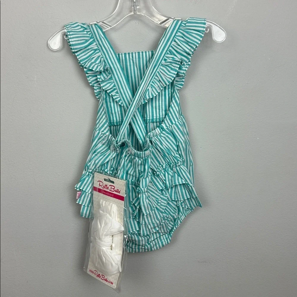NWT Ruffle Butts Bella Aqua Blue Stripe Bubble Romper W/ Headband Sz 6-12M